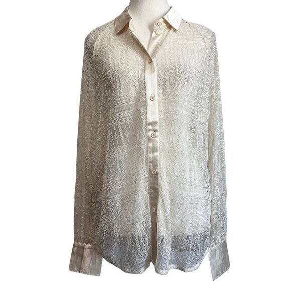 NWT JASON WU CREAM SEETHROUGH LACE SATIN BUTTON DOWN TUNIC - Picture 1 of 16